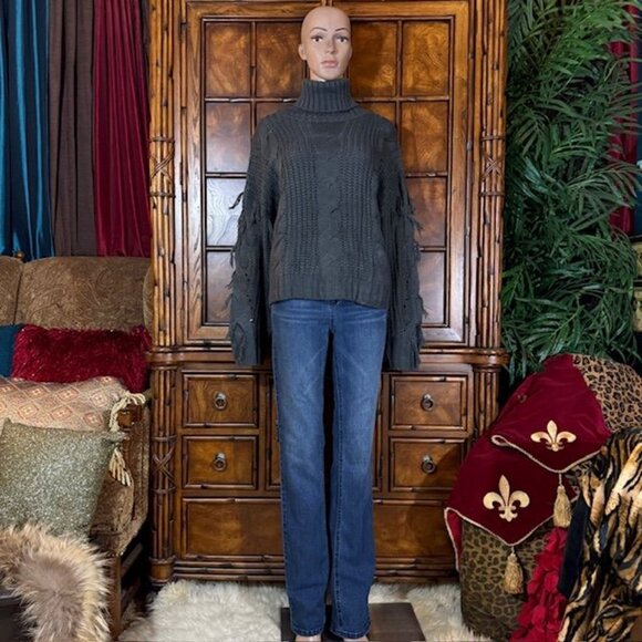 Connoto Steel Gray Cable Knit Fringe Sleeve Ribbed Turtleneck Sweater - Picture 4 of 8